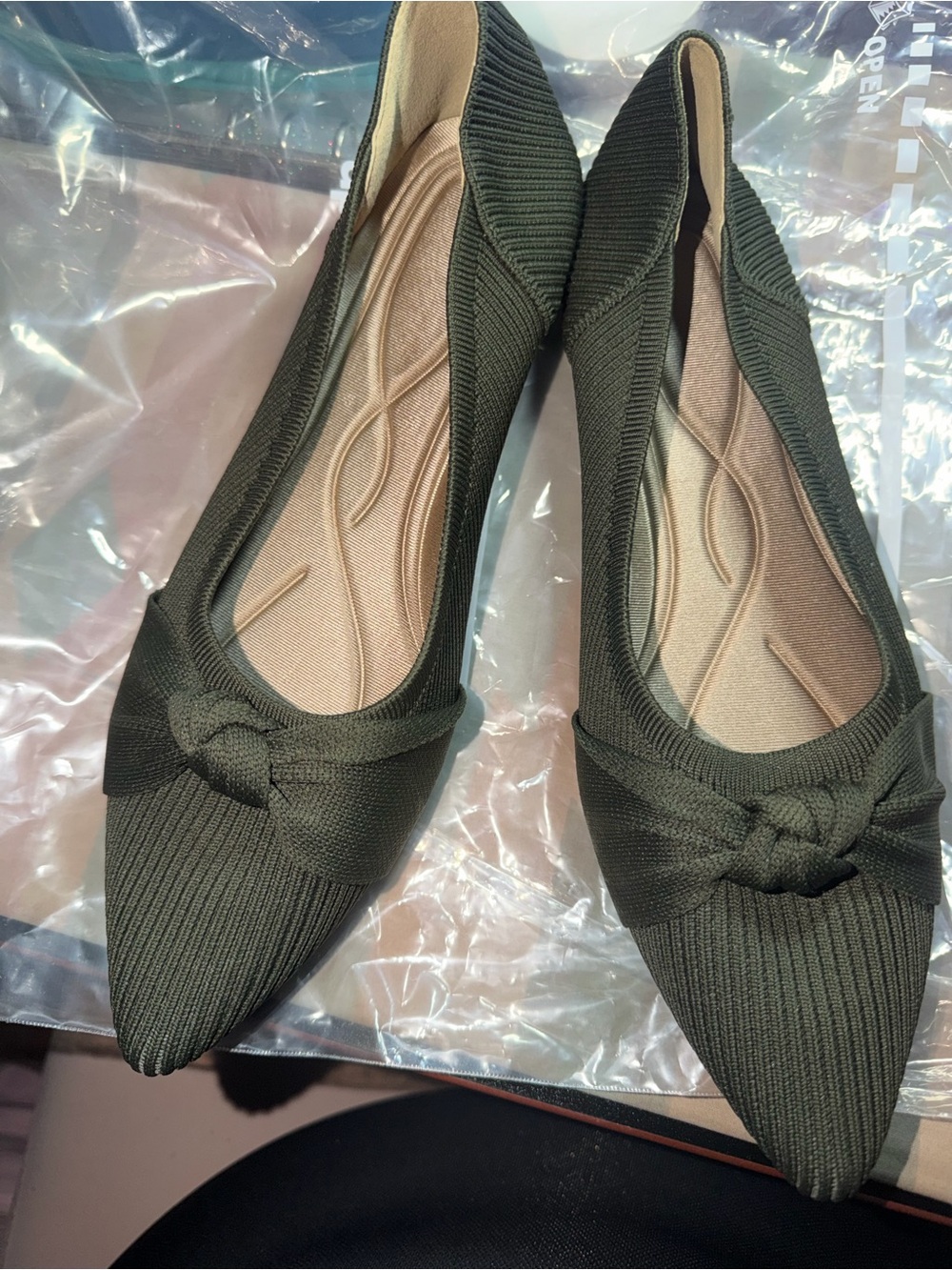 Pointed Knit Ballet Flats with Knot Accent in Olive Green